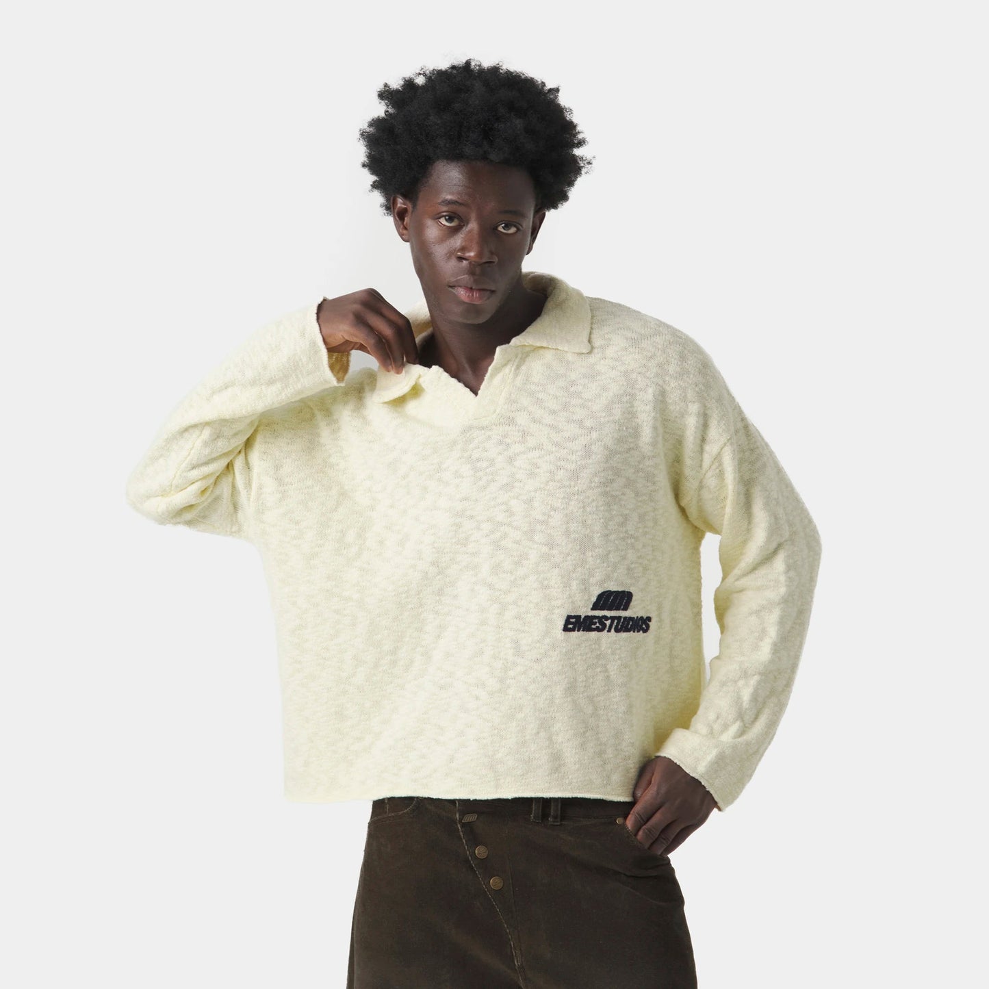 Sweater Eme Studios Kiff Polo Off Sand Knit Distressed
