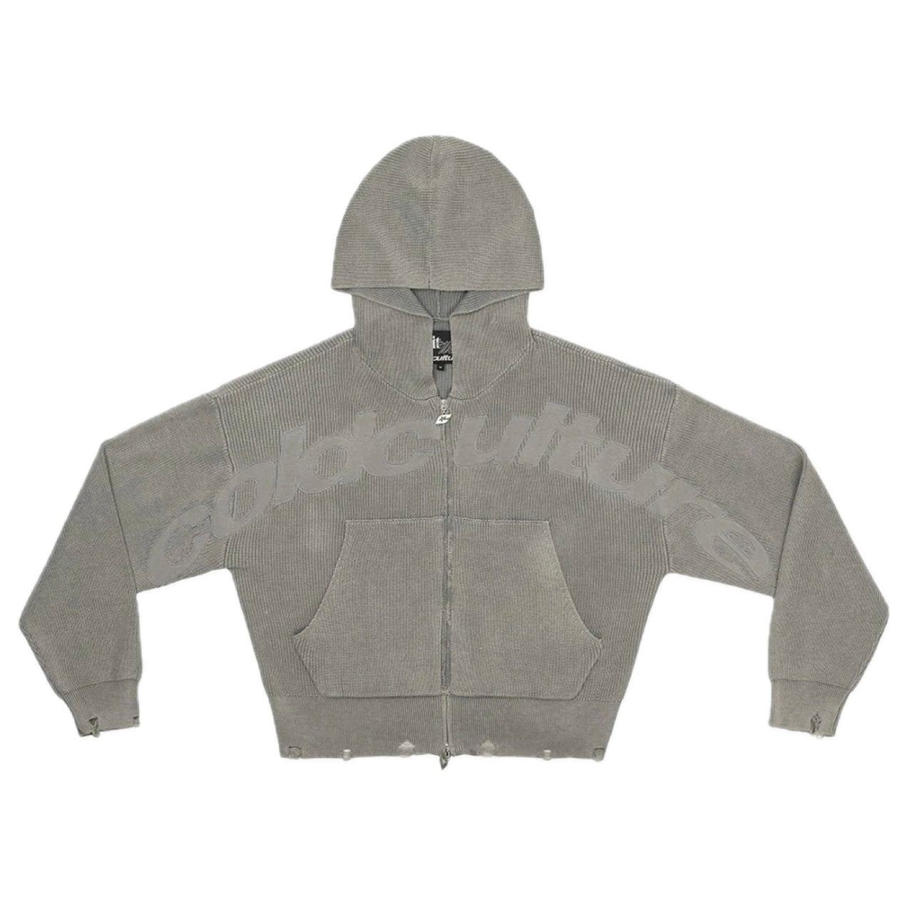 Sweater Cold Culture Distress Curved Zip Knit Hoodie Grey – Reserved