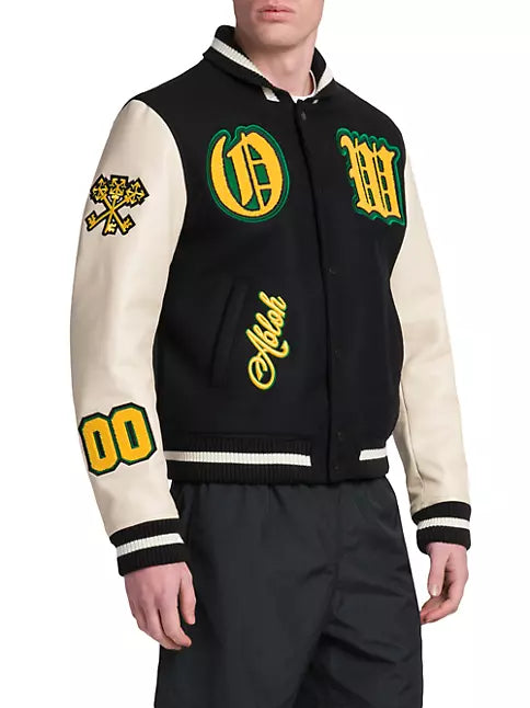 Off-White Graphics Leather Varsity Jacket Black/White/Yellow/Green