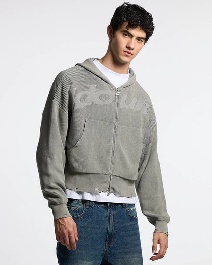 Sweater Cold Culture Distress Curved Zip Knit Hoodie Grey