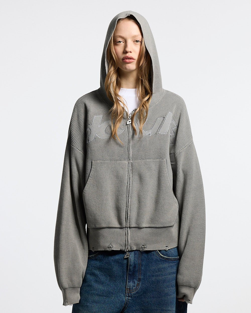 Sweater Cold Culture Distress Curved Zip Knit Hoodie Grey
