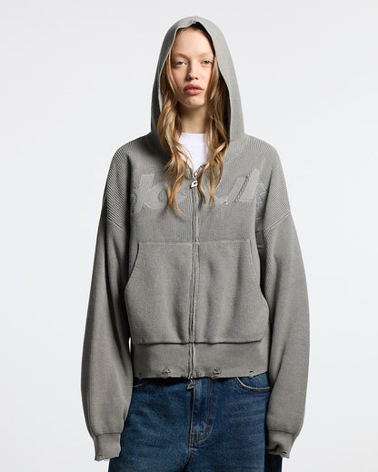 Sweater Cold Culture Distress Curved Zip Knit Hoodie Grey