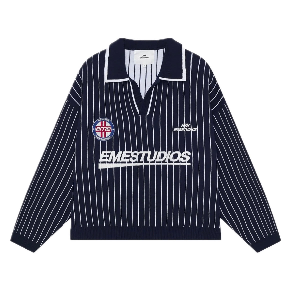 Sweater Eme Studios Pinstripe Navy Knit Polo