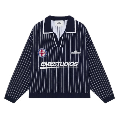 Sweater Eme Studios Pinstripe Navy Knit Polo