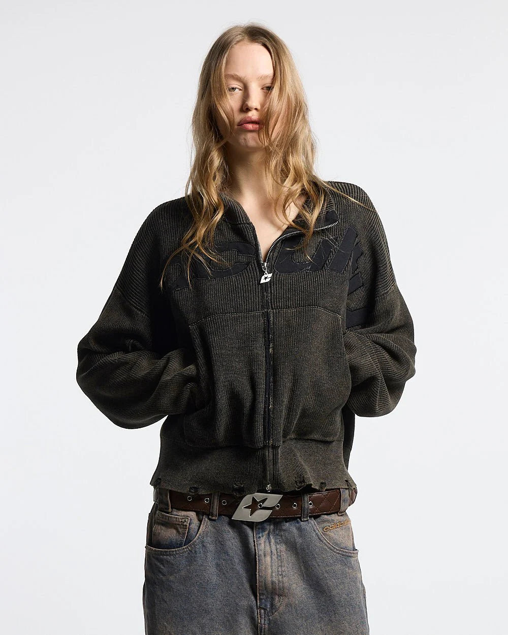 Sweater Cold Culture Distress Curved Zip Knit Black