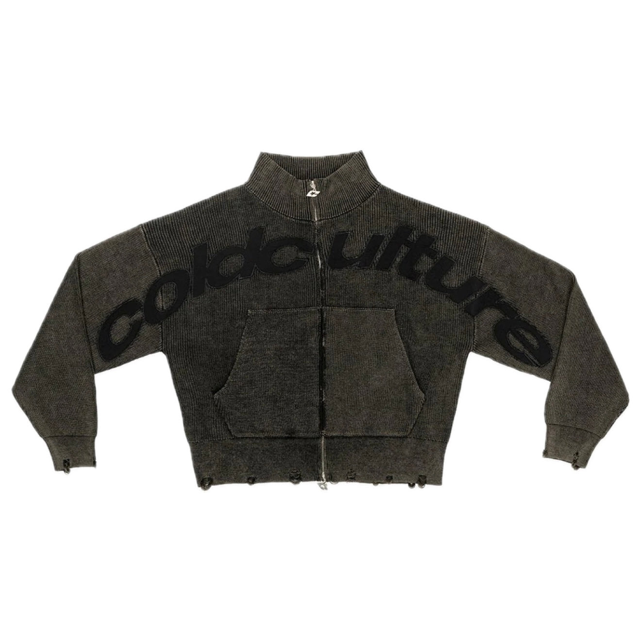 Sweater Cold Culture Distress Curved Zip Knit Black