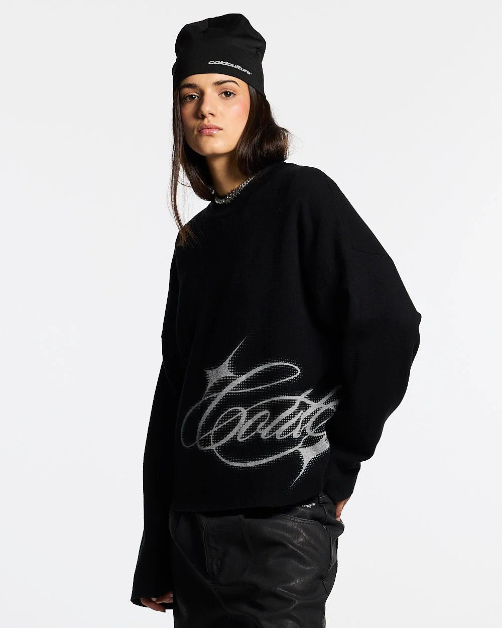 Sweater Cold Culture Sparkly Script Knit Black