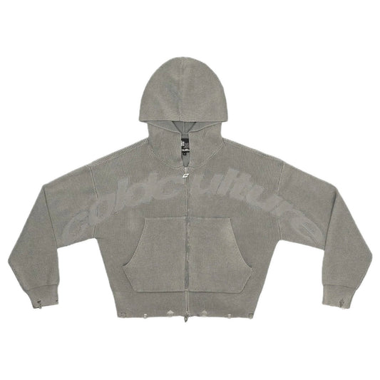 Sweater Cold Culture Distress Curved Zip Knit Hoodie Grey