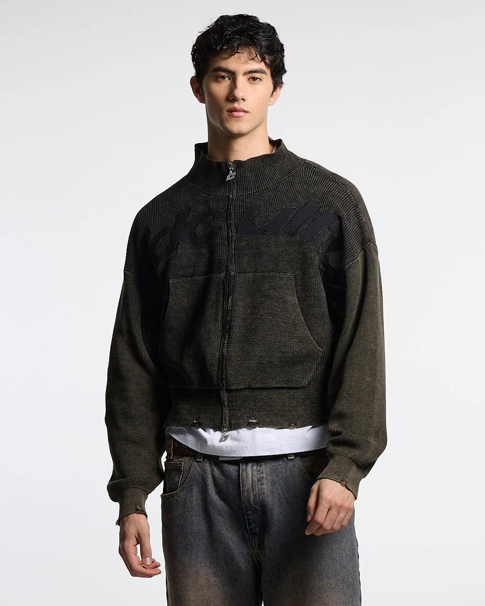 Sweater Cold Culture Distress Curved Zip Knit Black