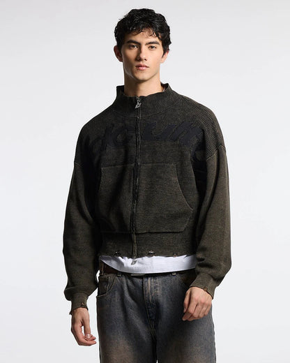 Sweater Cold Culture Distress Curved Zip Knit Black