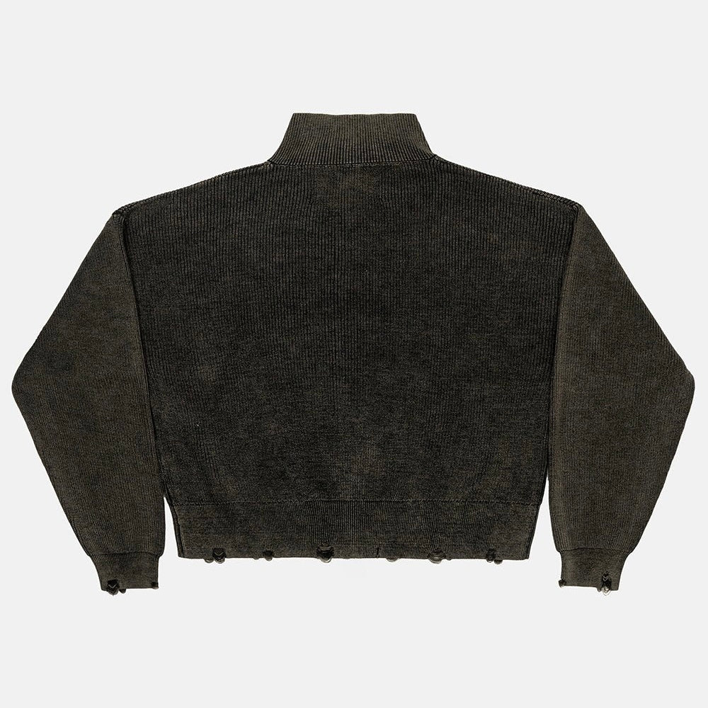 Sweater Cold Culture Distress Curved Zip Knit Black