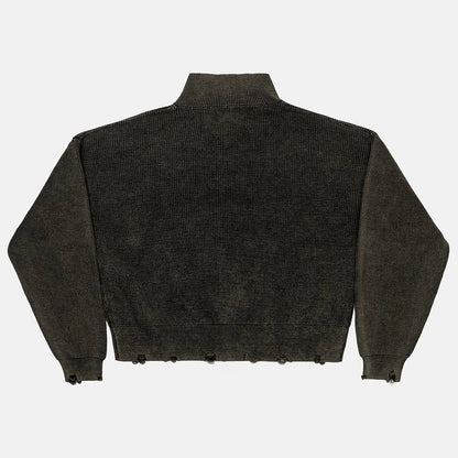 Sweater Cold Culture Distress Curved Zip Knit Black