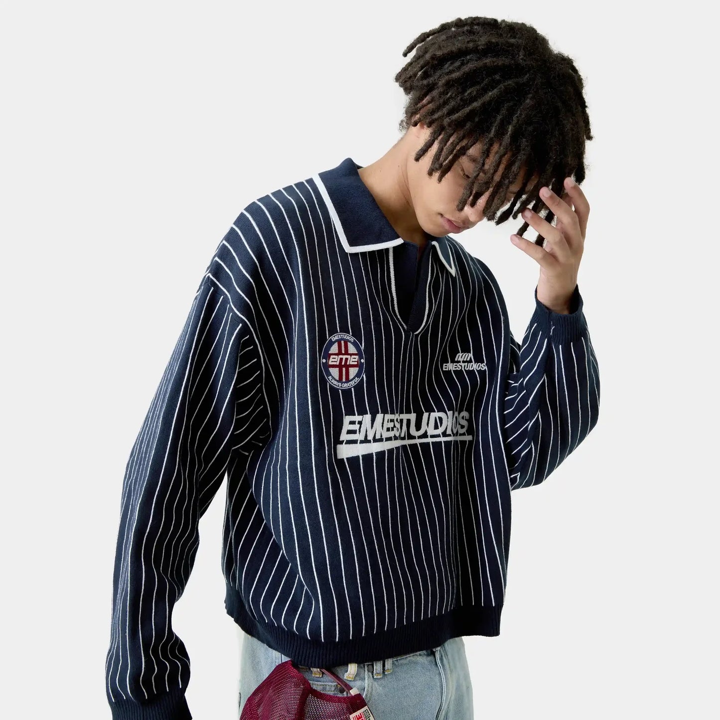 Sweater Eme Studios Pinstripe Navy Knit Polo
