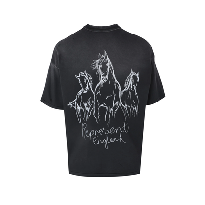 Polera Represent Hand Drawn Horses Aged Black