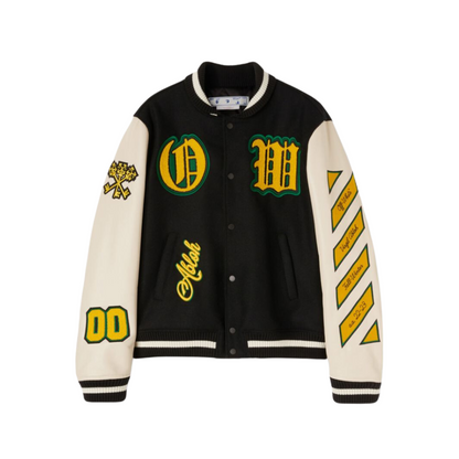 Off-White Graphics Leather Varsity Jacket Black White Yellow Green